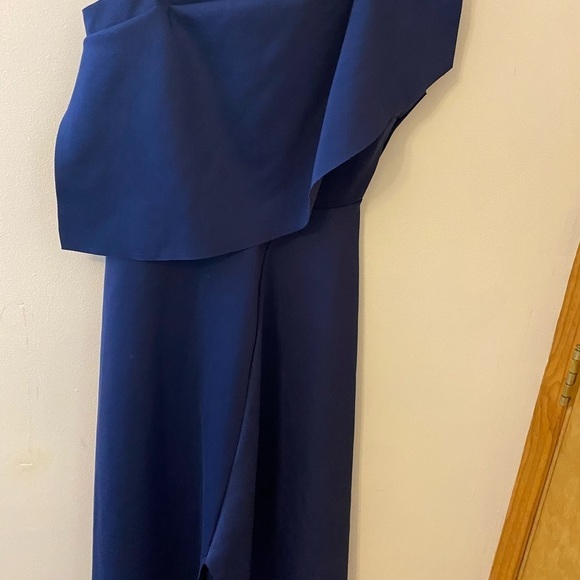Topshop Ruffle One Shoulder Asymmetrical Hem Blue Scuba Dress - Picture 13 of 16